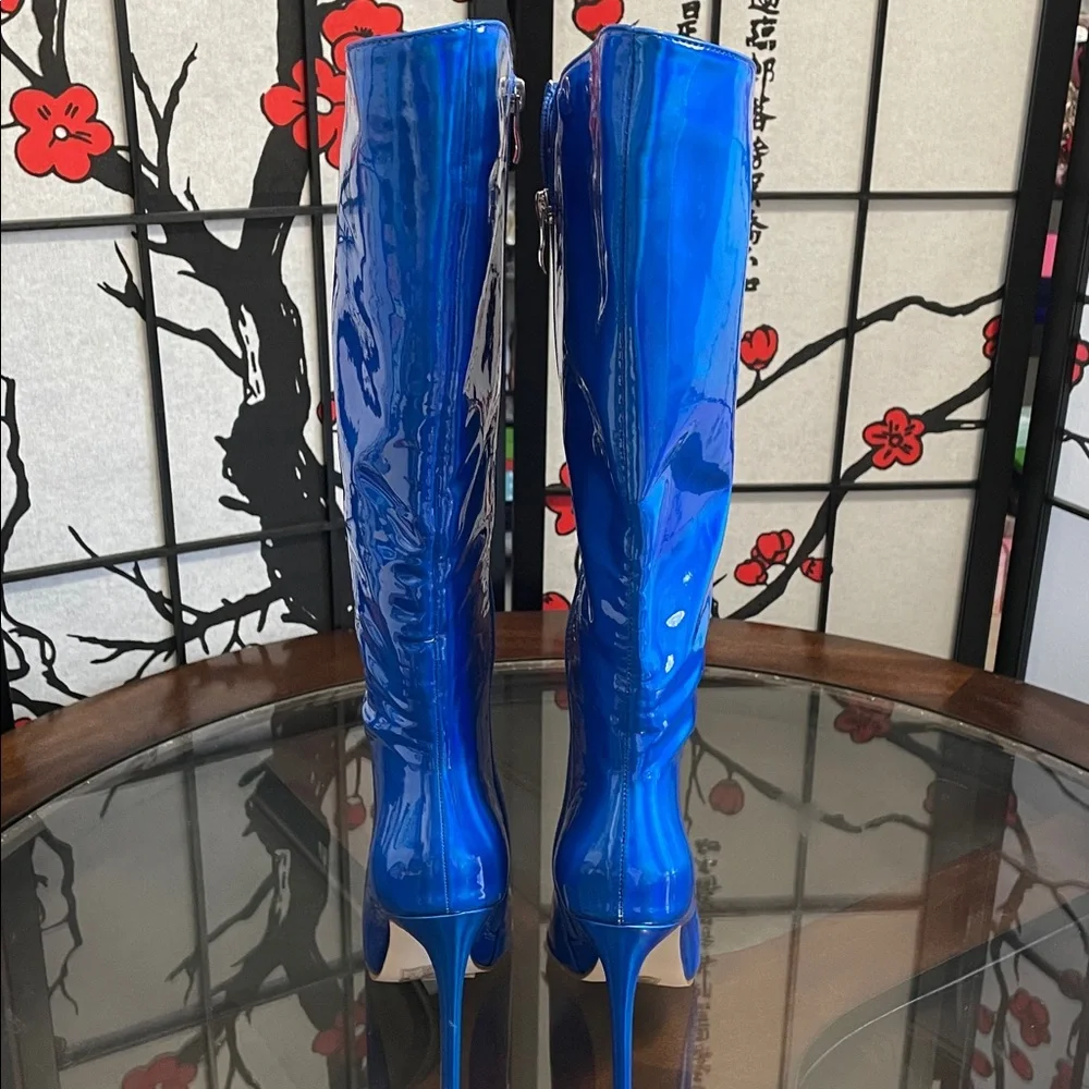 Nova Patent Knee-High Stiletto Boots in Vibrant Blue with 4.5” heels